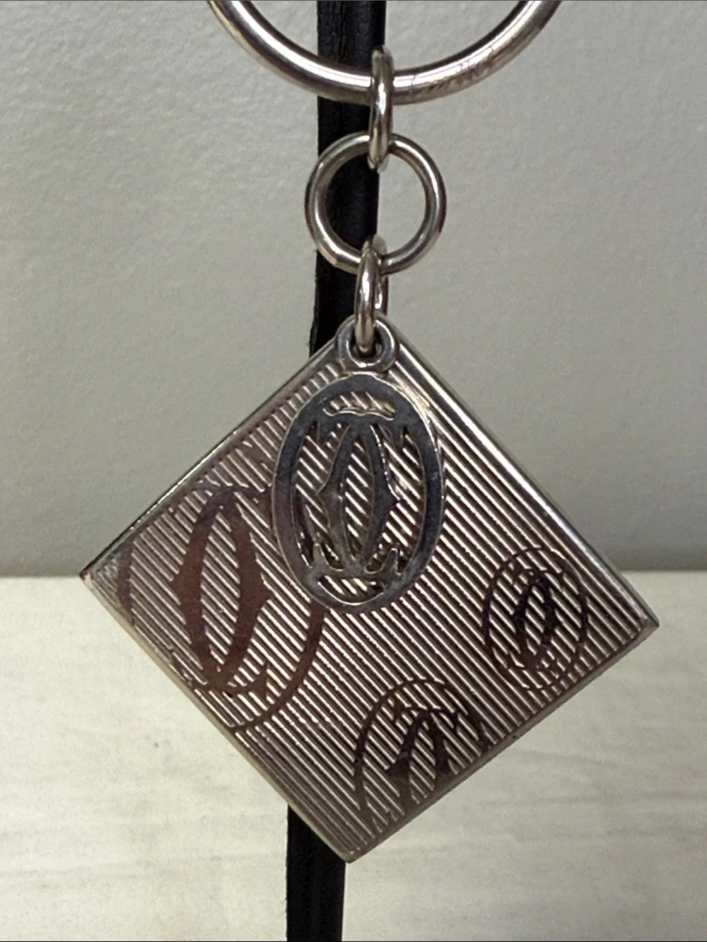 Cartier 2C Logo Silver Tone Key Ring Bag Charm Diamond Shape Monogram